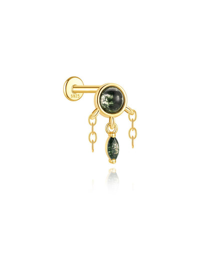 S925 Moss Agate Dangle Flatback Piercing Stud