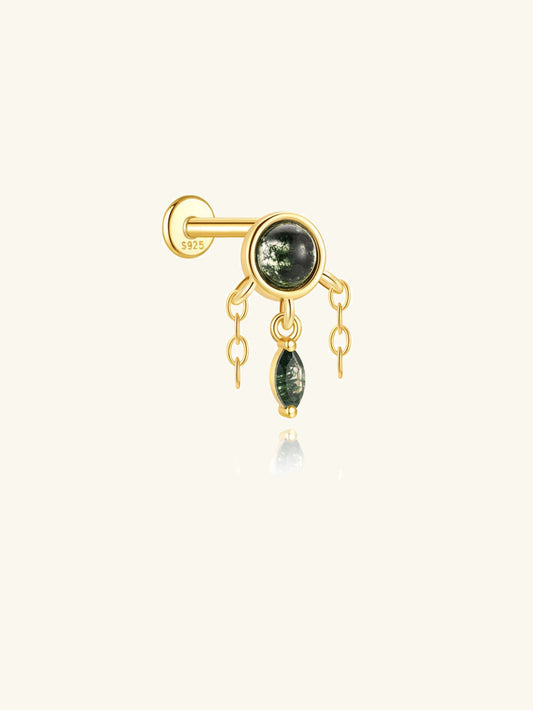 S925 Moss Agate Dangle Flatback Piercing Stud