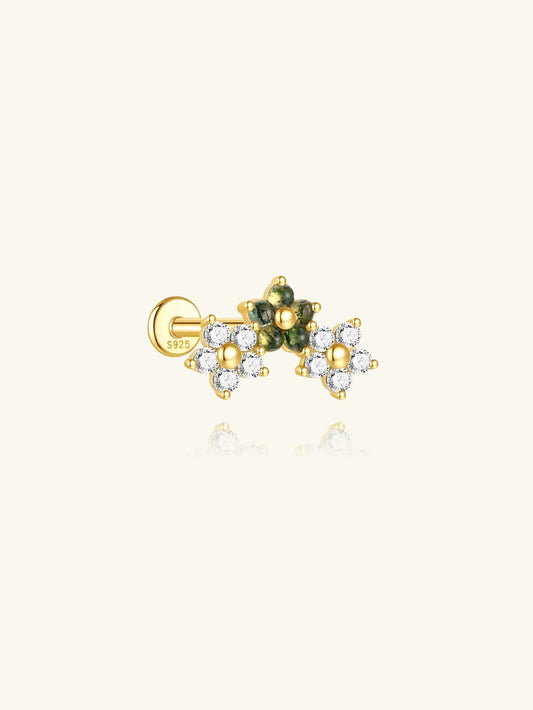 S925 Moss Agate Flower Flatback Stud Piercing Earring