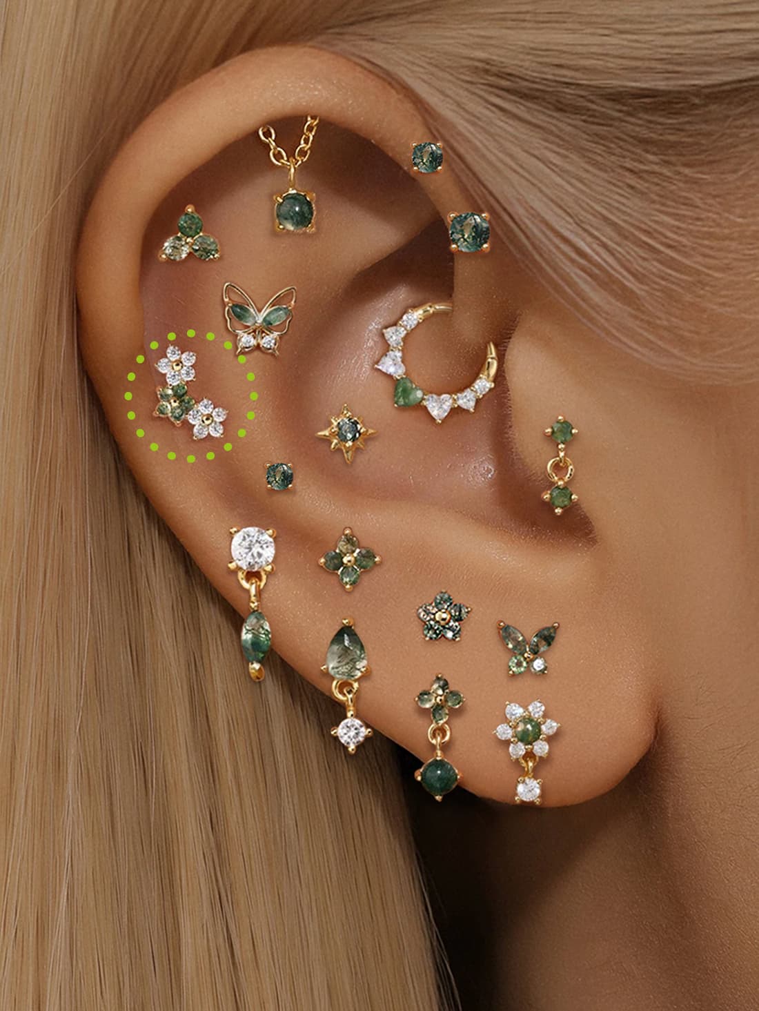 S925 Moss Agate Flower Flatback Stud Piercing Earring