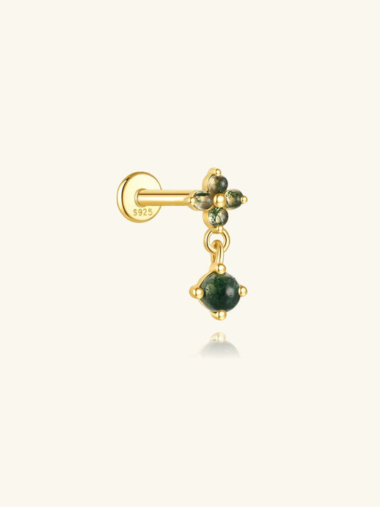 S925 Moss Agate Four-Leaf Clover Round Pendant Flatback Piercing Stud