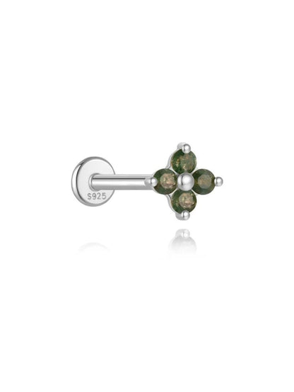 S925 Moss Agate Four-leaf clover Flatback Piercing Stud