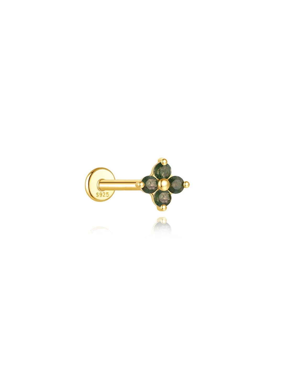S925 Moss Agate Four-leaf clover Flatback Piercing Stud