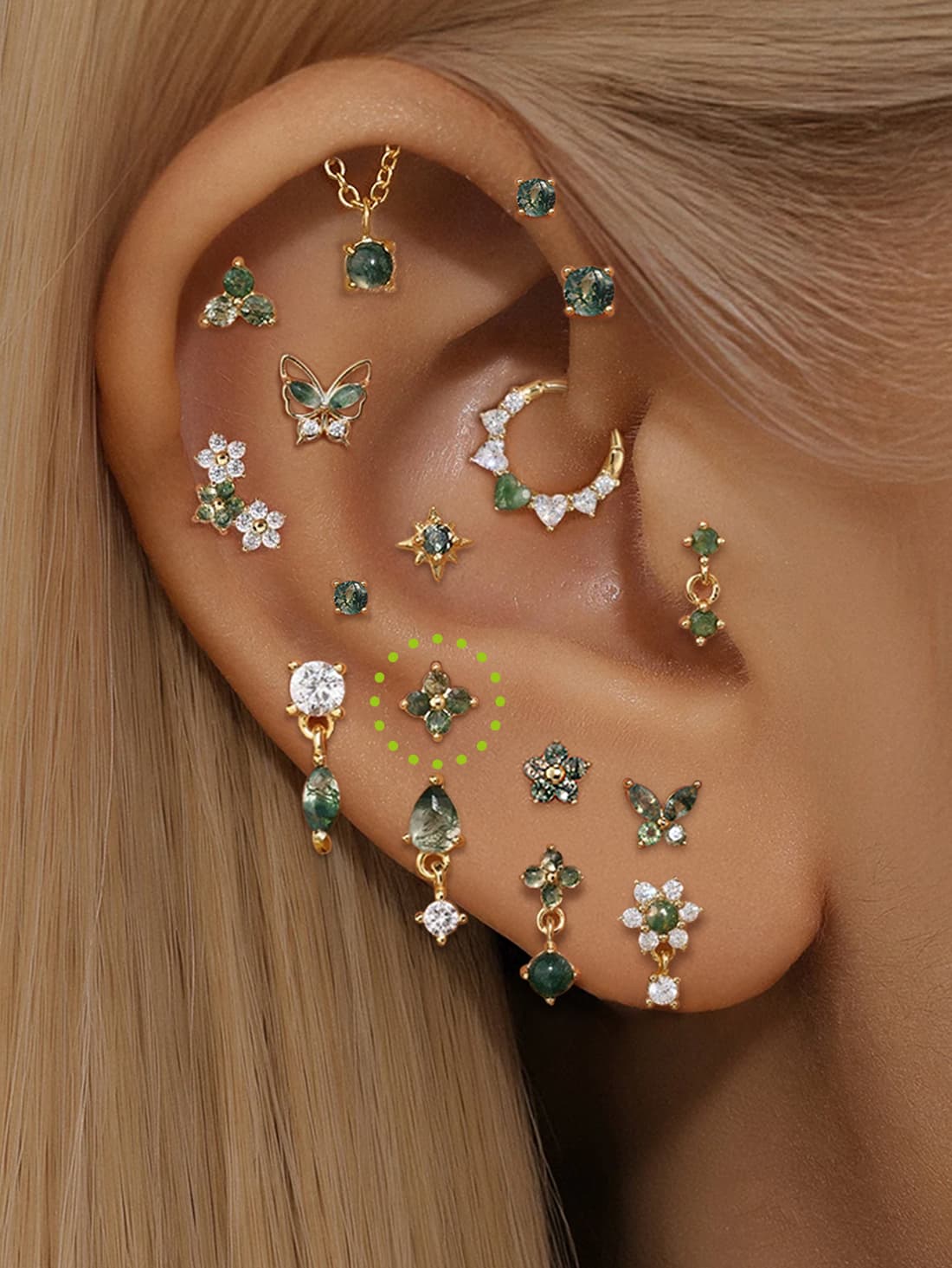 S925 Moss Agate Four-leaf clover Flatback Piercing Stud
