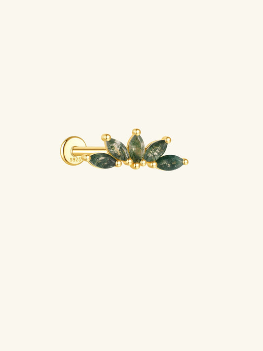 S925 Moss Agate Minimalist Leaf Flatback Piercing Stud