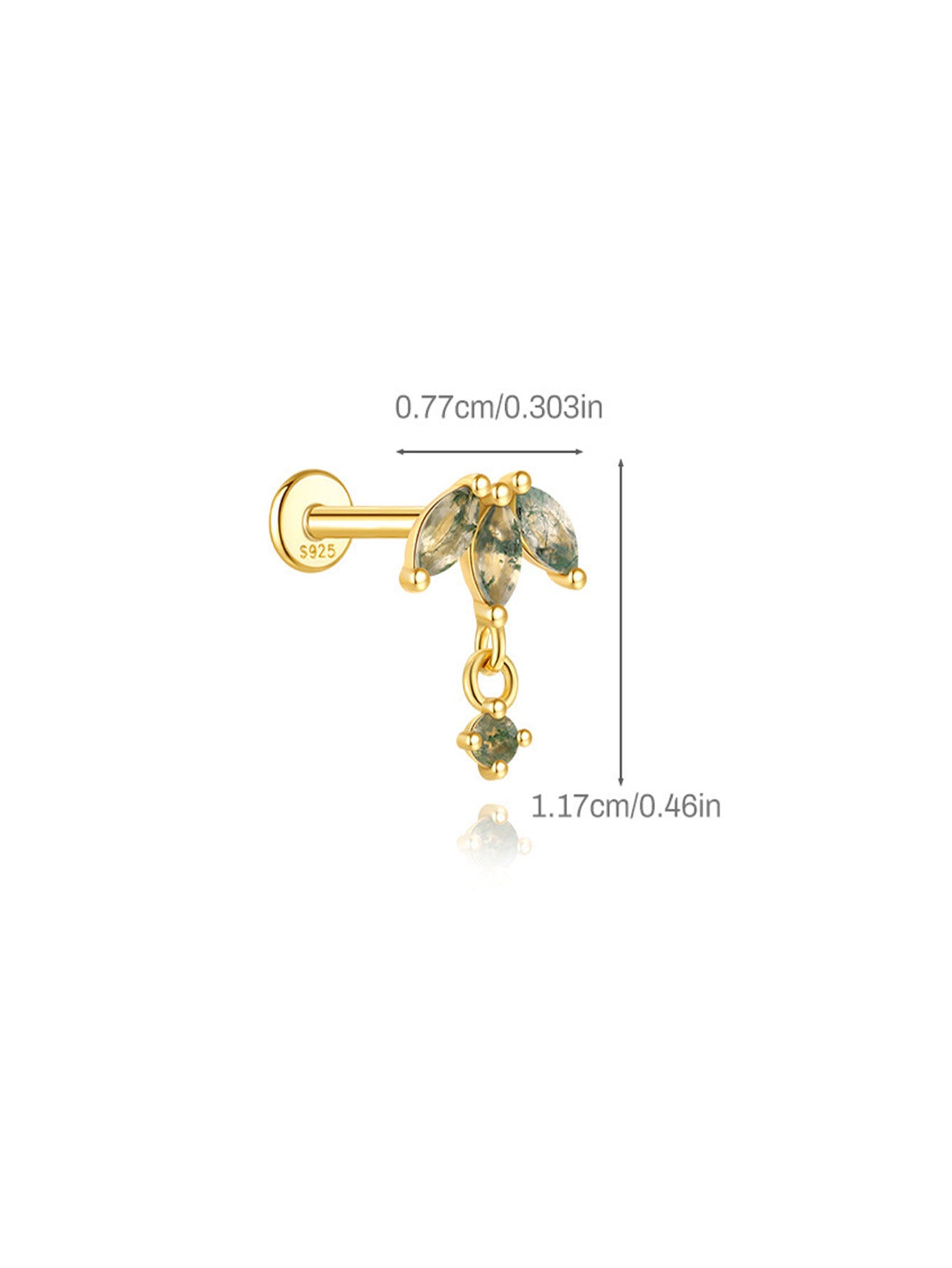 S925 Moss Agate Shamrock Pendant Flatback Stud Piercing Earrings