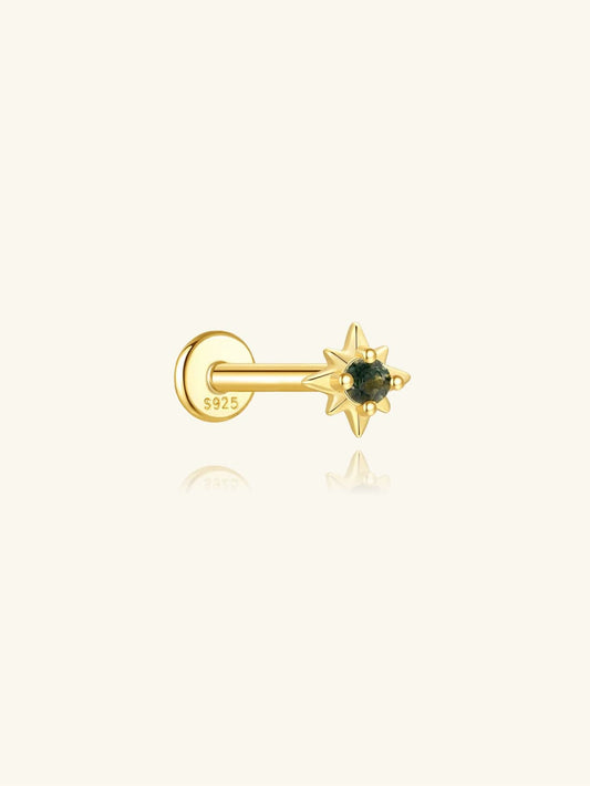 S925 Moss Agate Sun Star Flatback Piercing Stud