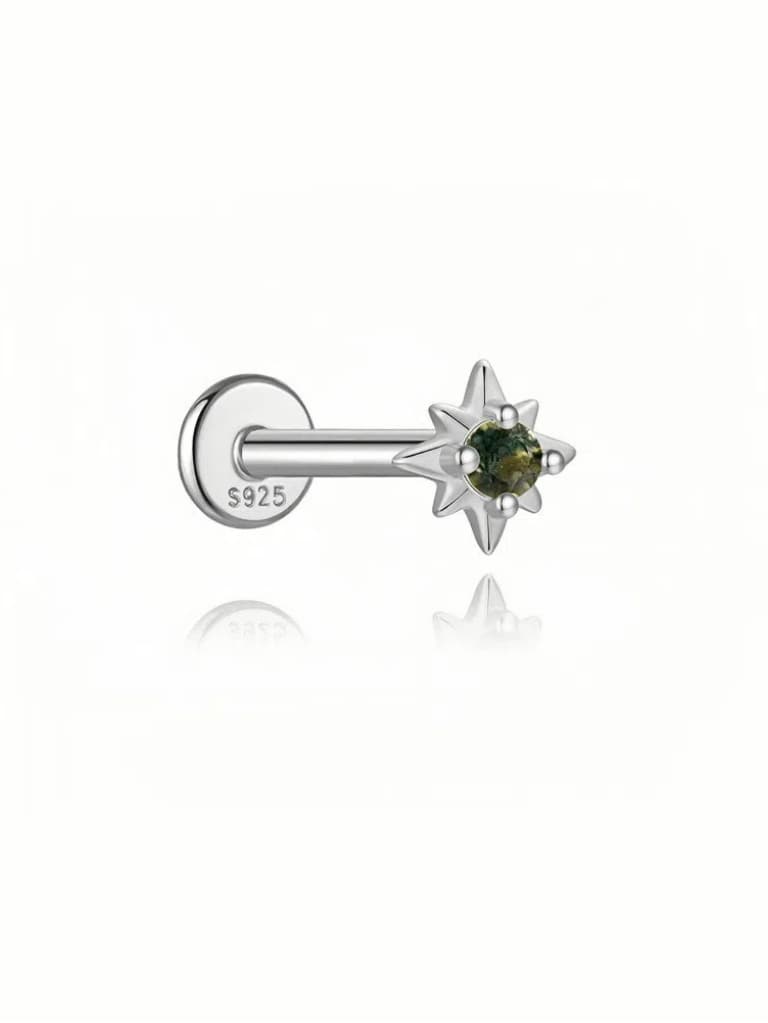 S925 Moss Agate Sun Star Flatback Piercing Stud