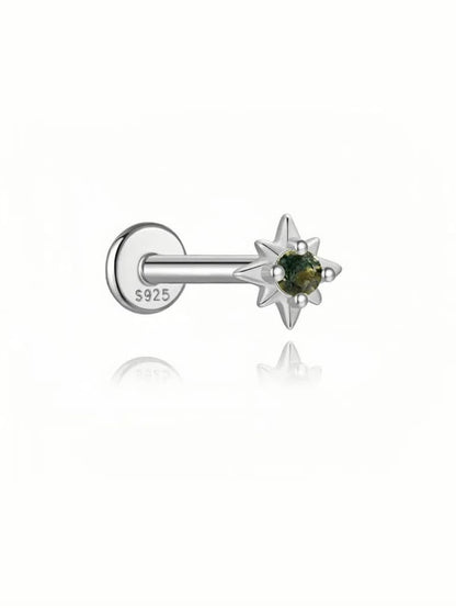 S925 Moss Agate Sun Star Flatback Piercing Stud