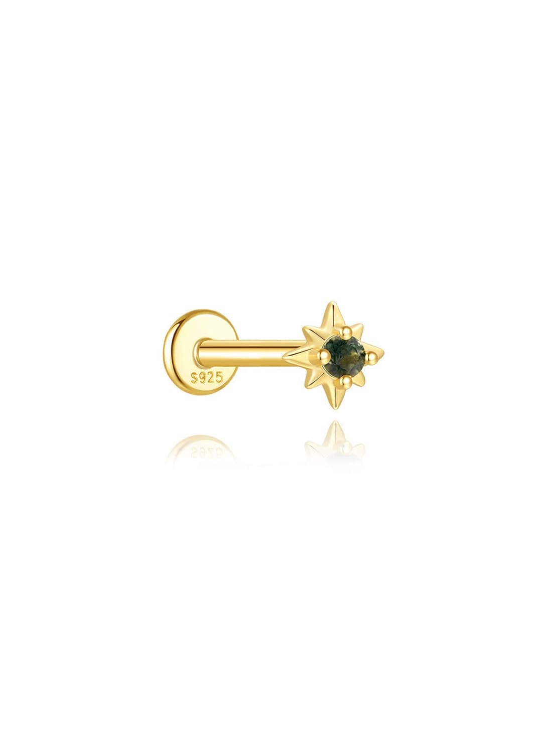 S925 Moss Agate Sun Star Flatback Piercing Stud
