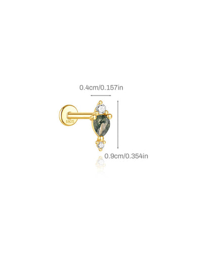 S925 Moss Agate Zirconia Flat Back Studs Earrings