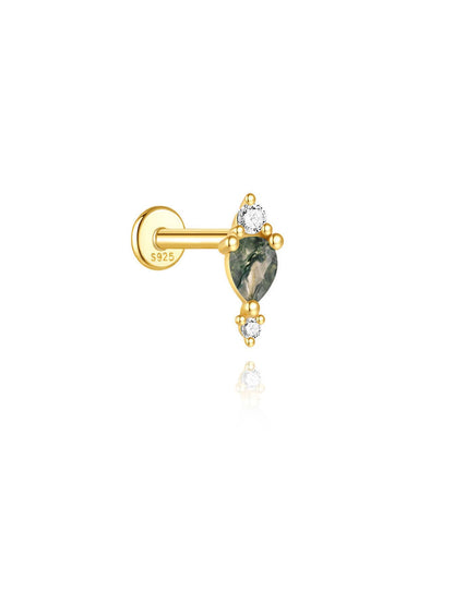 S925 Moss Agate Zirconia Flat Back Studs Earrings