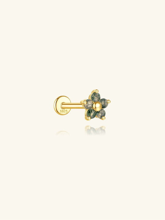 S925 Natural Moss Agate Flower Flatback Piercing Stud