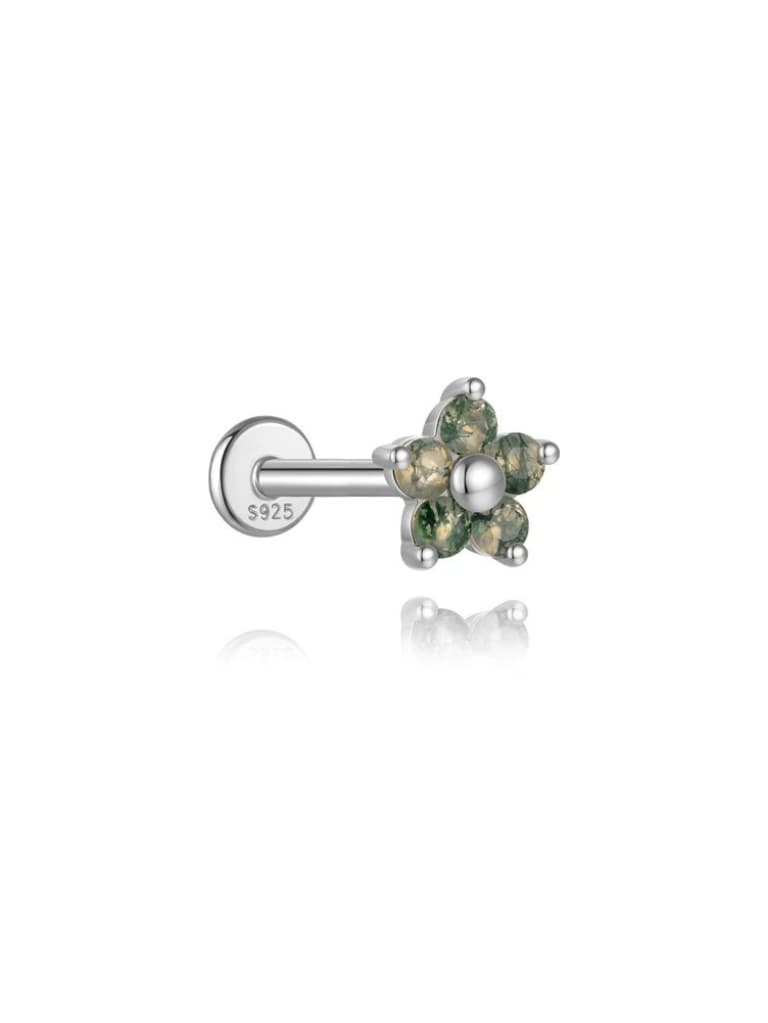 S925 Natural Moss Agate Flower Flatback Piercing Stud