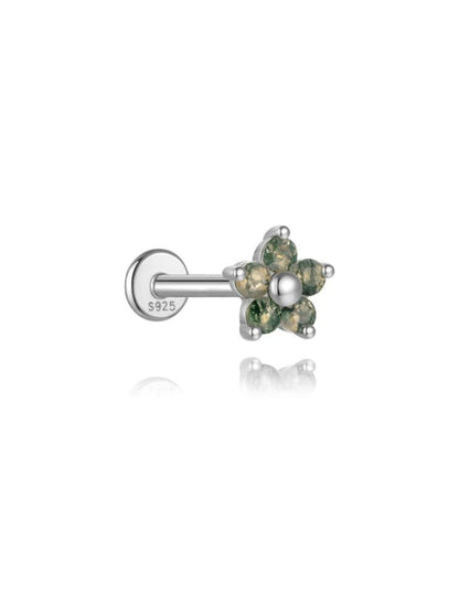S925 Natural Moss Agate Flower Flatback Piercing Stud