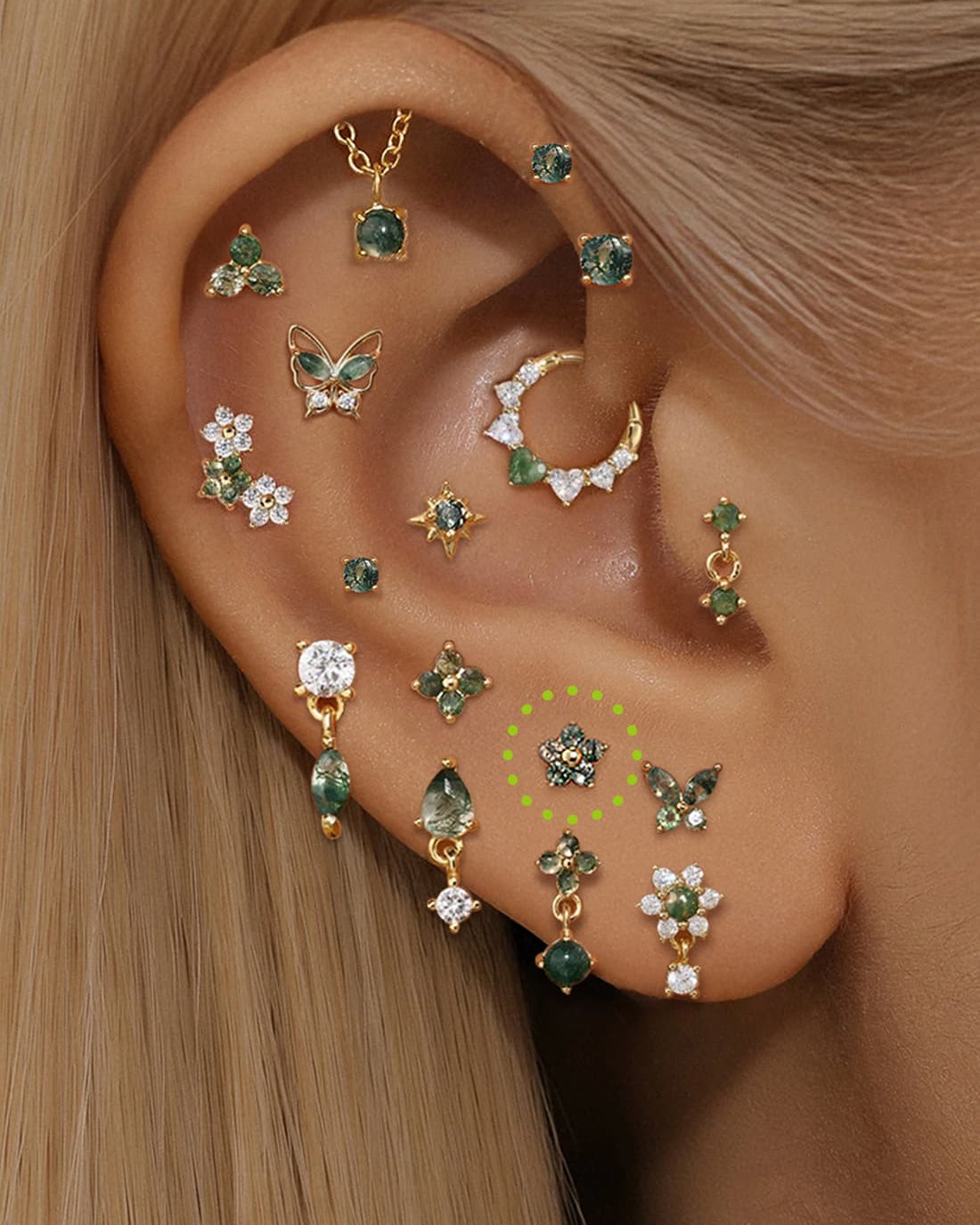 S925 Natural Moss Agate Flower Flatback Piercing Stud