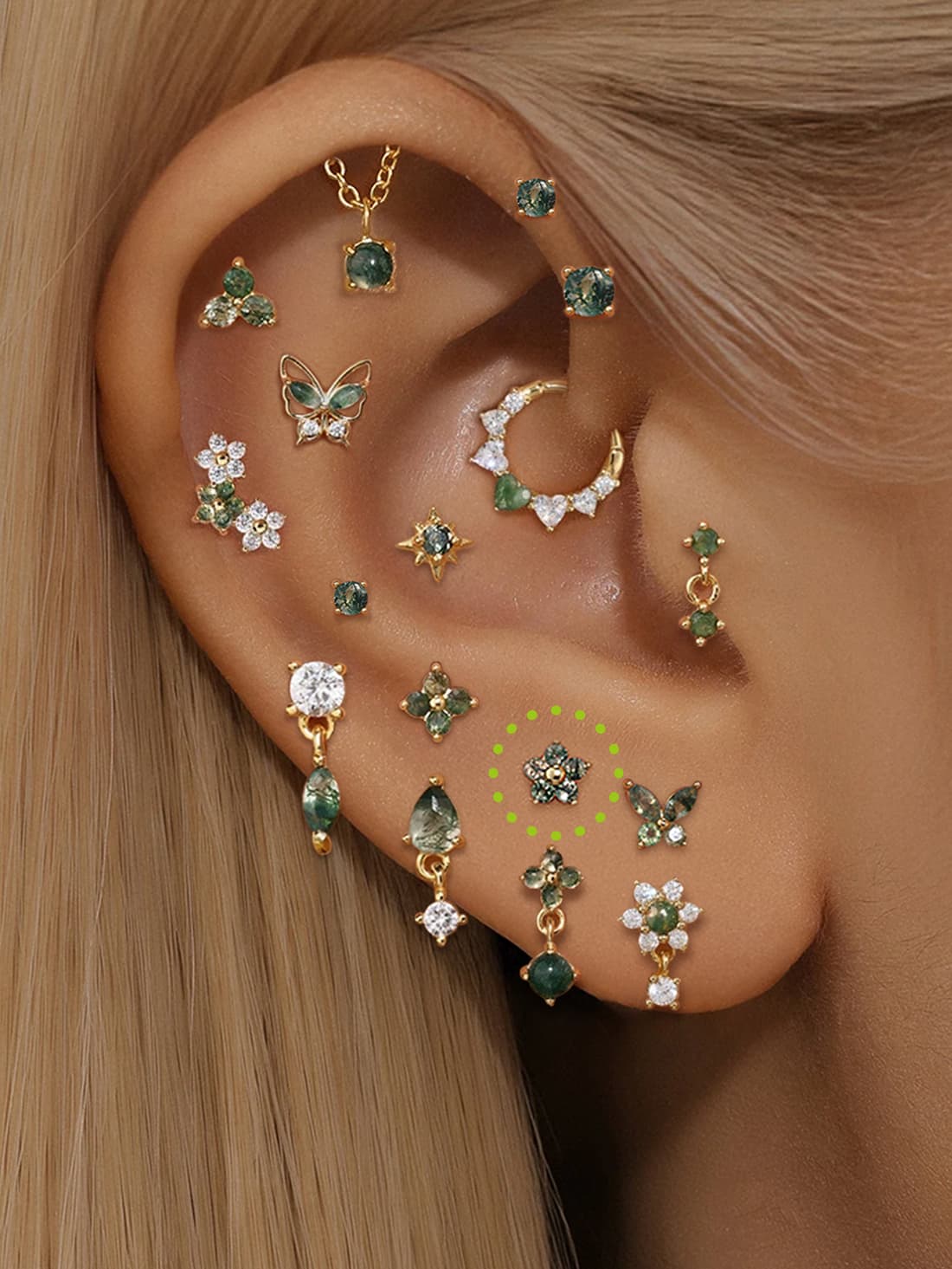 S925 Natural Moss Agate Flower Flatback Piercing Stud