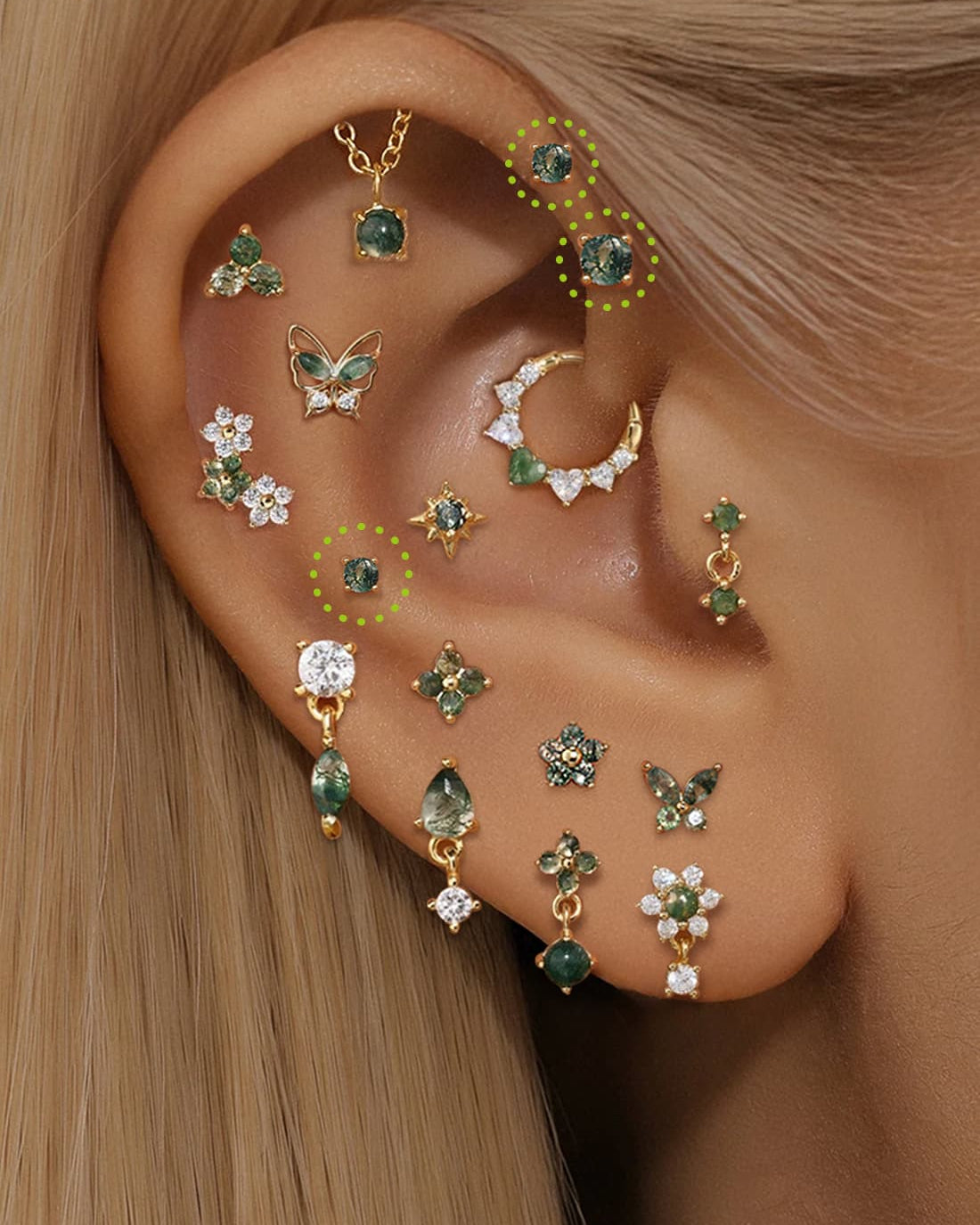 S925 Natural Moss Agate Round Flatback Piercing Stud Earrings