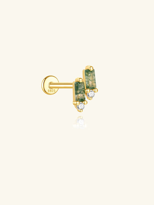S925 Natural Moss Agate Zircon Flatback Piercing Stud