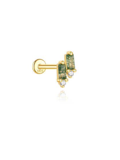 S925 Natural Moss Agate Zircon Flatback Piercing Stud