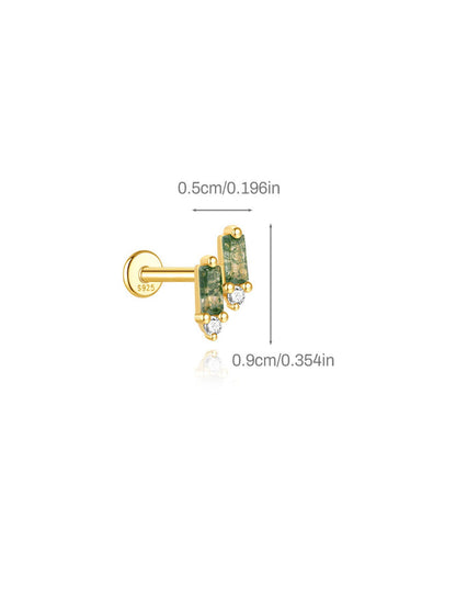 S925 Natural Moss Agate Zircon Flatback Piercing Stud