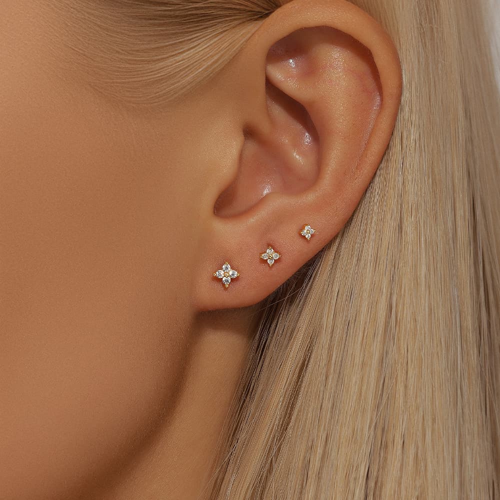 S925 Sterling Silver 3pcs Floral Zircon Flat Back Piercing Studs
