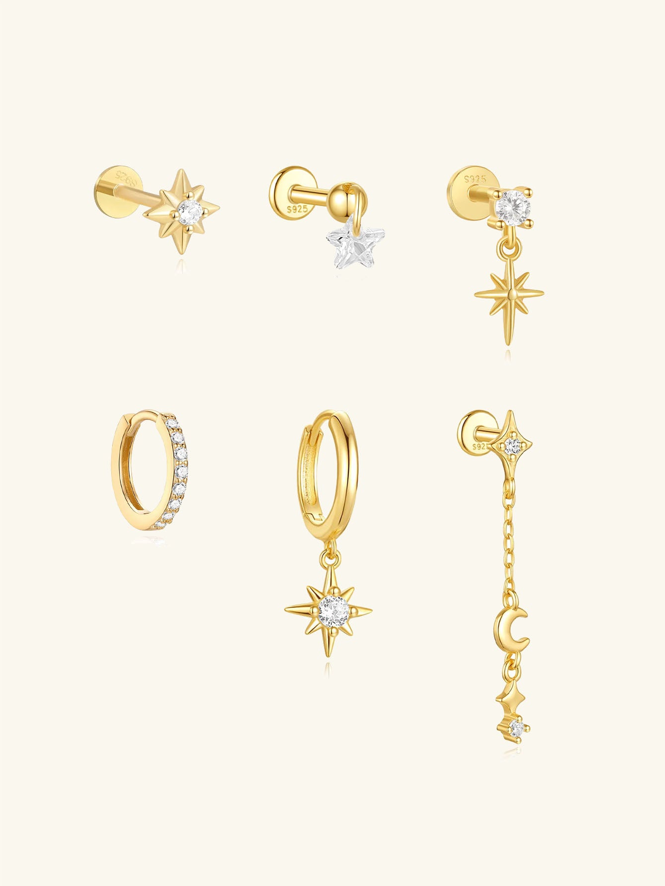 S925 Sterling Silver Celestial Star & Moon 6-Piece Flatback Earring Set
