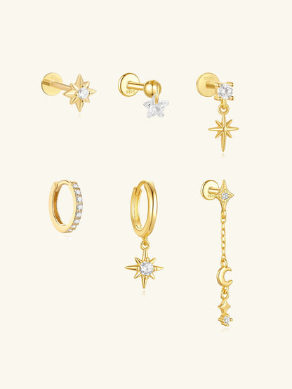 S925 Sterling Silver Celestial Star & Moon 6-Piece Flatback Earring Set