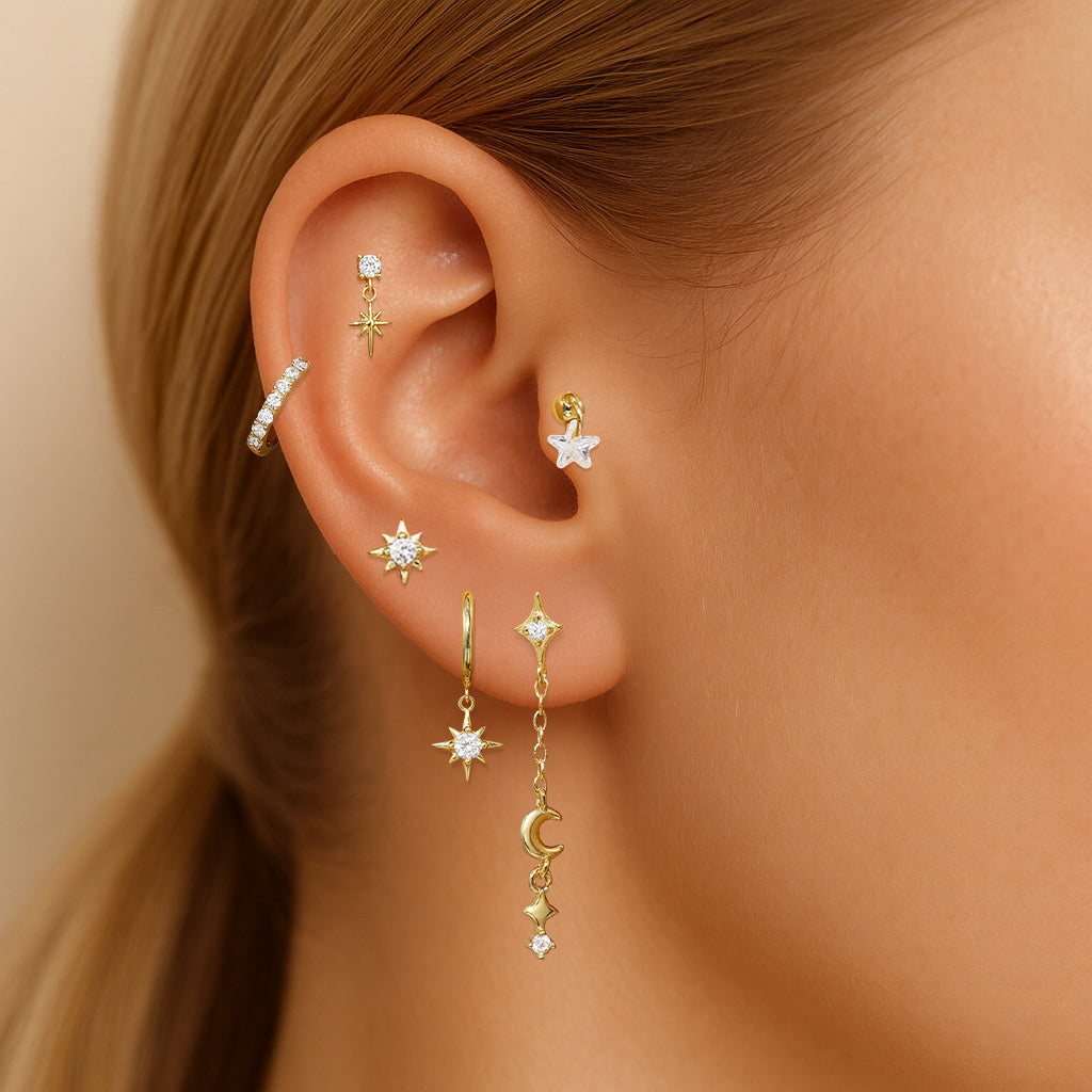 S925 Sterling Silver Celestial Star & Moon 6-Piece Flatback Earring Set