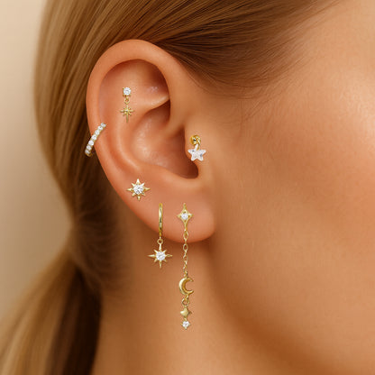 S925 Sterling Silver Celestial Star & Moon 6-Piece Flatback Earring Set