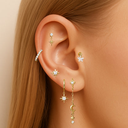 S925 Sterling Silver Celestial Star & Moon 6-Piece Flatback Earring Set