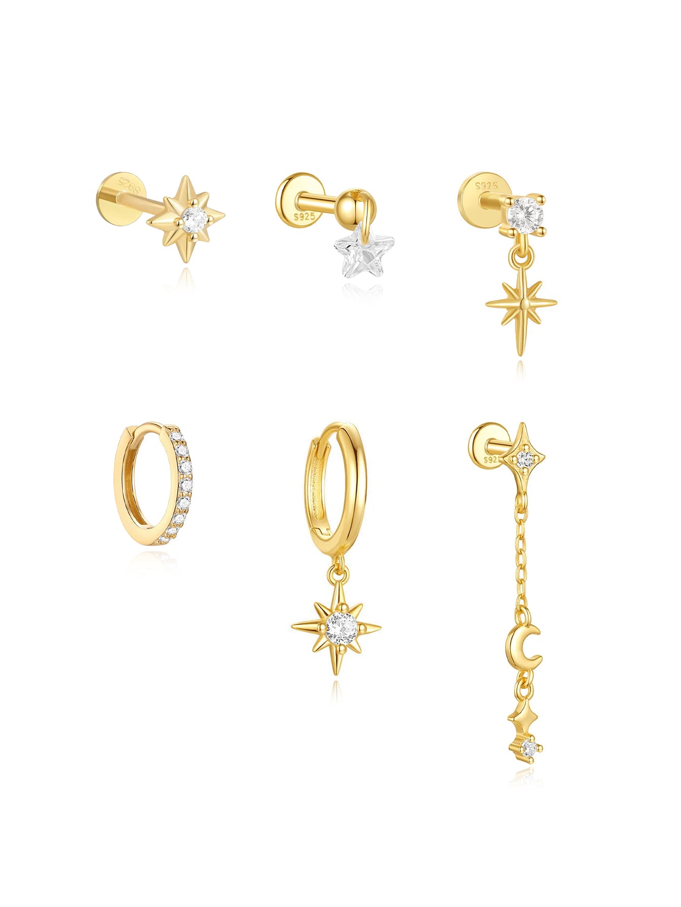 S925 Sterling Silver Celestial Star & Moon 6-Piece Flatback Earring Set