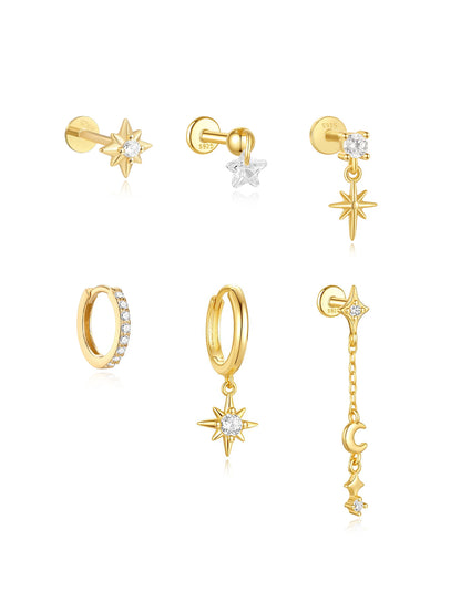 S925 Sterling Silver Celestial Star & Moon 6-Piece Flatback Earring Set