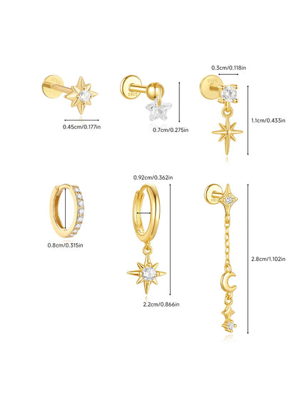 S925 Sterling Silver Celestial Star & Moon 6-Piece Flatback Earring Set