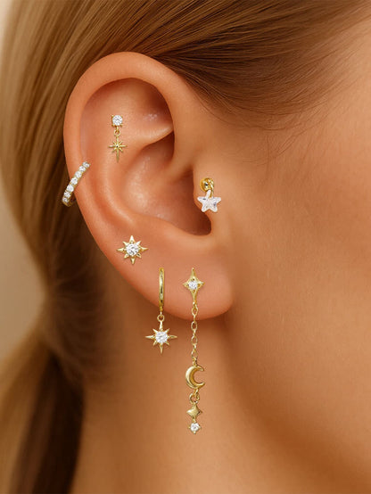 S925 Sterling Silver Celestial Star & Moon 6-Piece Flatback Earring Set