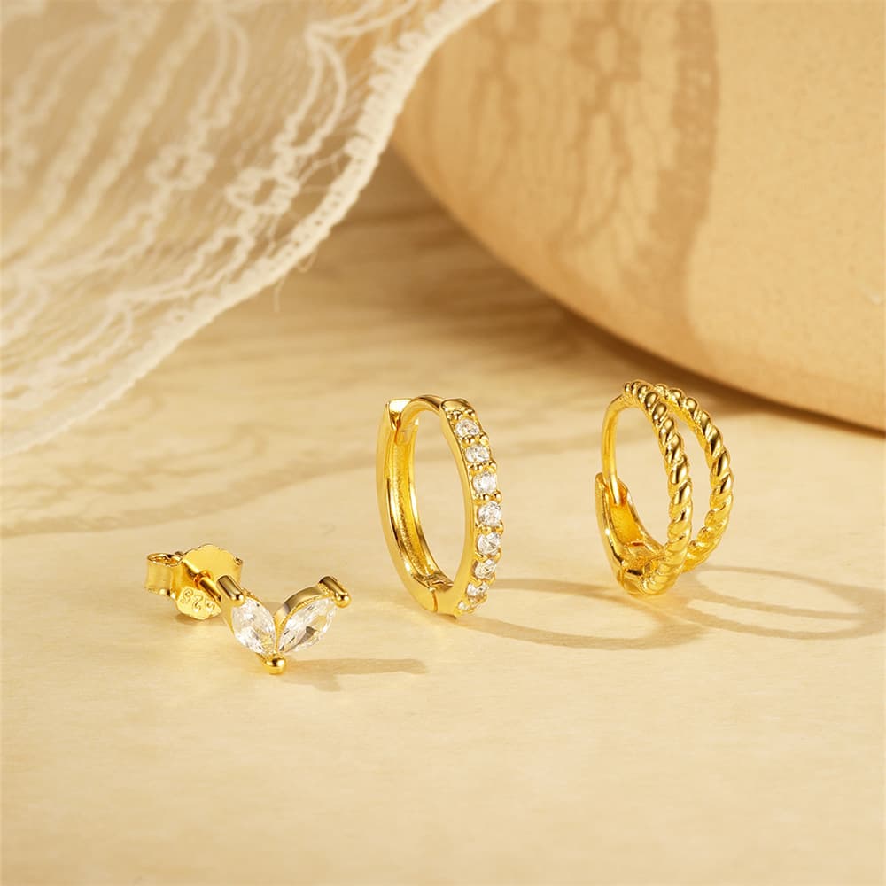 S925 Sterling Silver Classic Cubic Zirconia Hoop & Stud Earrings Set