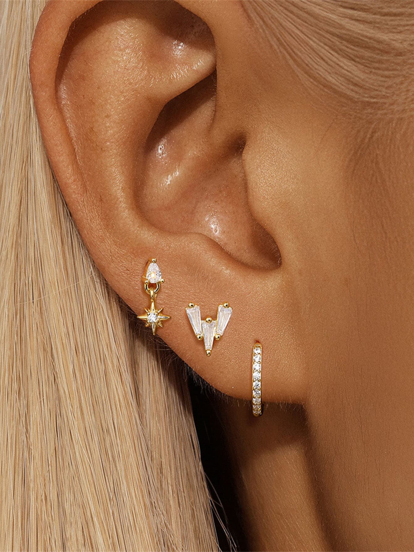 S925 Sterling Silver Eight-Pointed Star CZ Hoop & Stud Earring Set