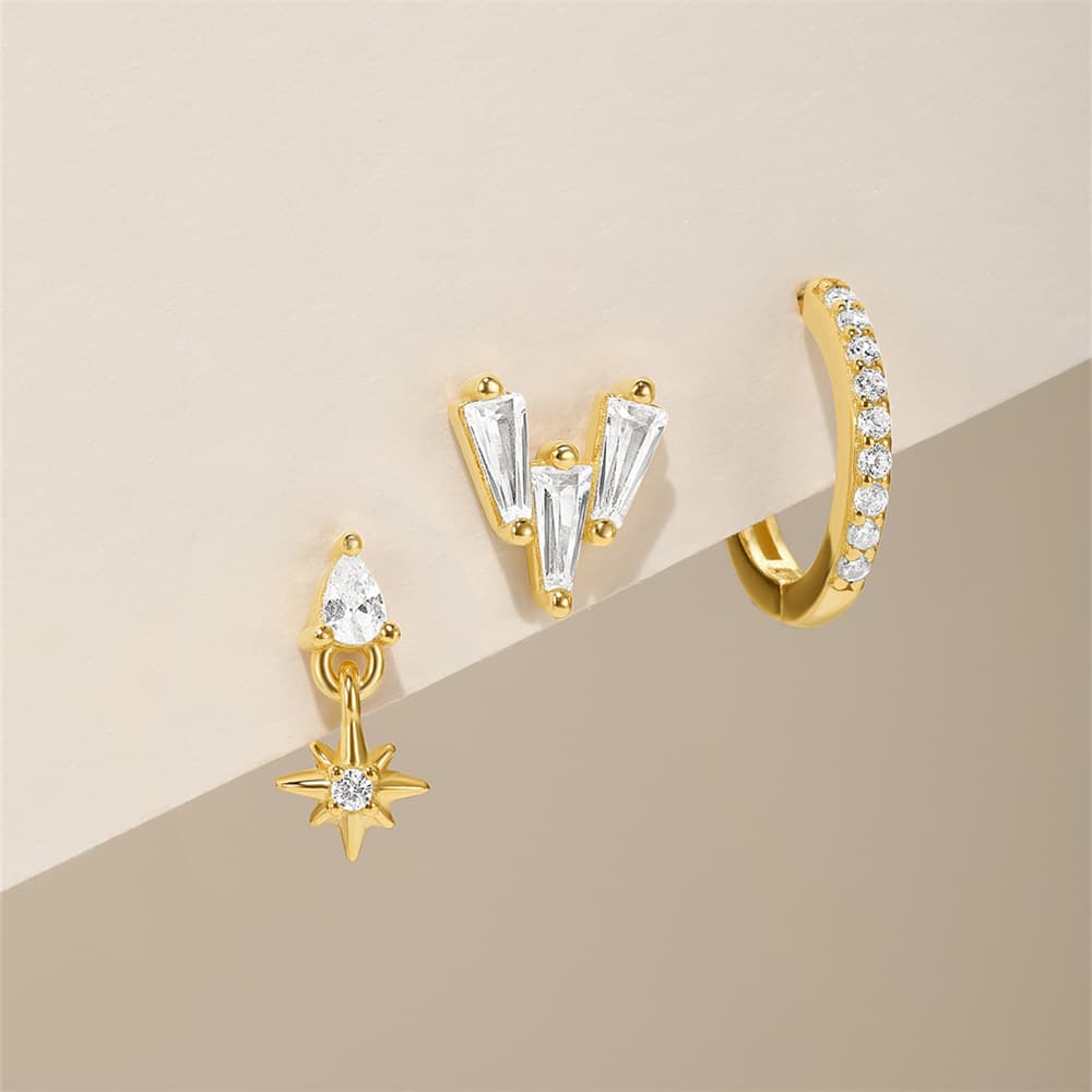 S925 Sterling Silver Eight-Pointed Star CZ Hoop & Stud Earring Set