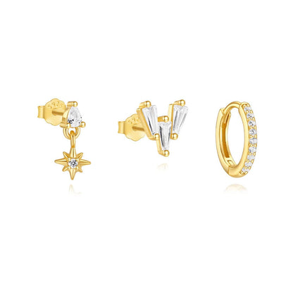 S925 Sterling Silver Eight-Pointed Star CZ Hoop & Stud Earring Set
