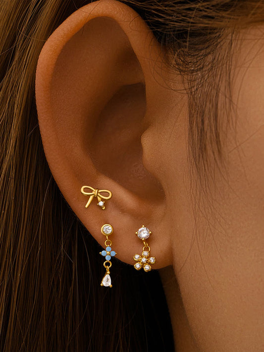 S925 Sterling Silver Floral Bow Piercing Stud Earring