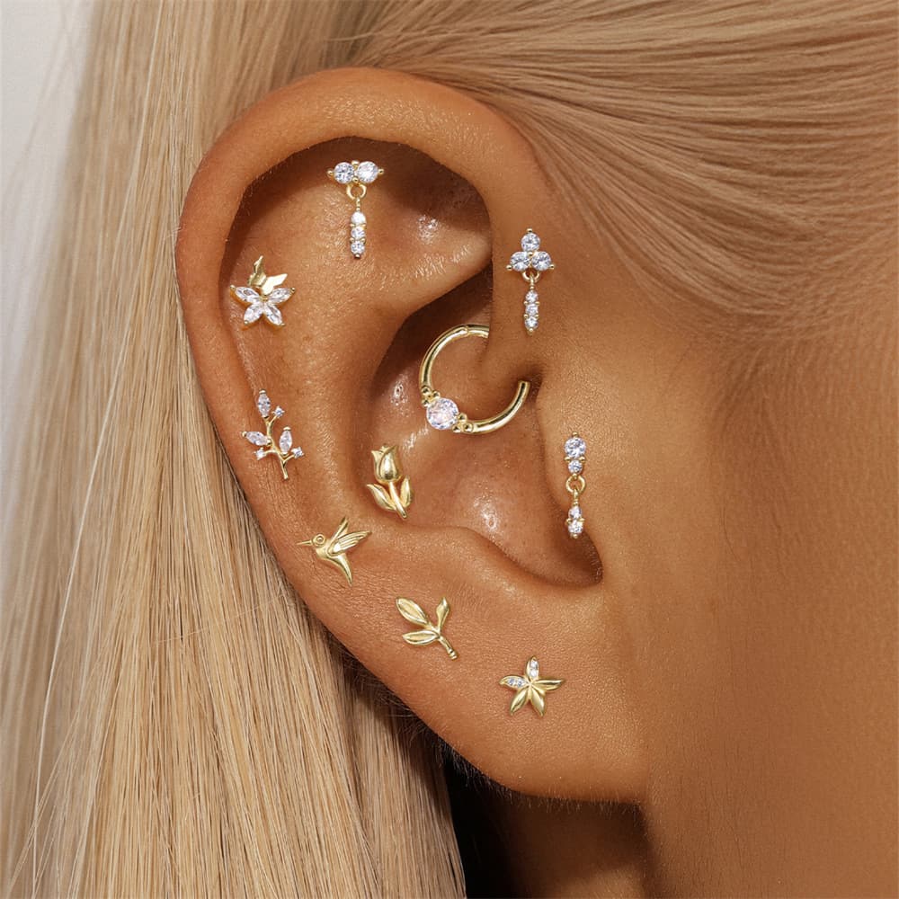 S925 Sterling Silver Flower Woodpecker Flatback Piercing Stud
