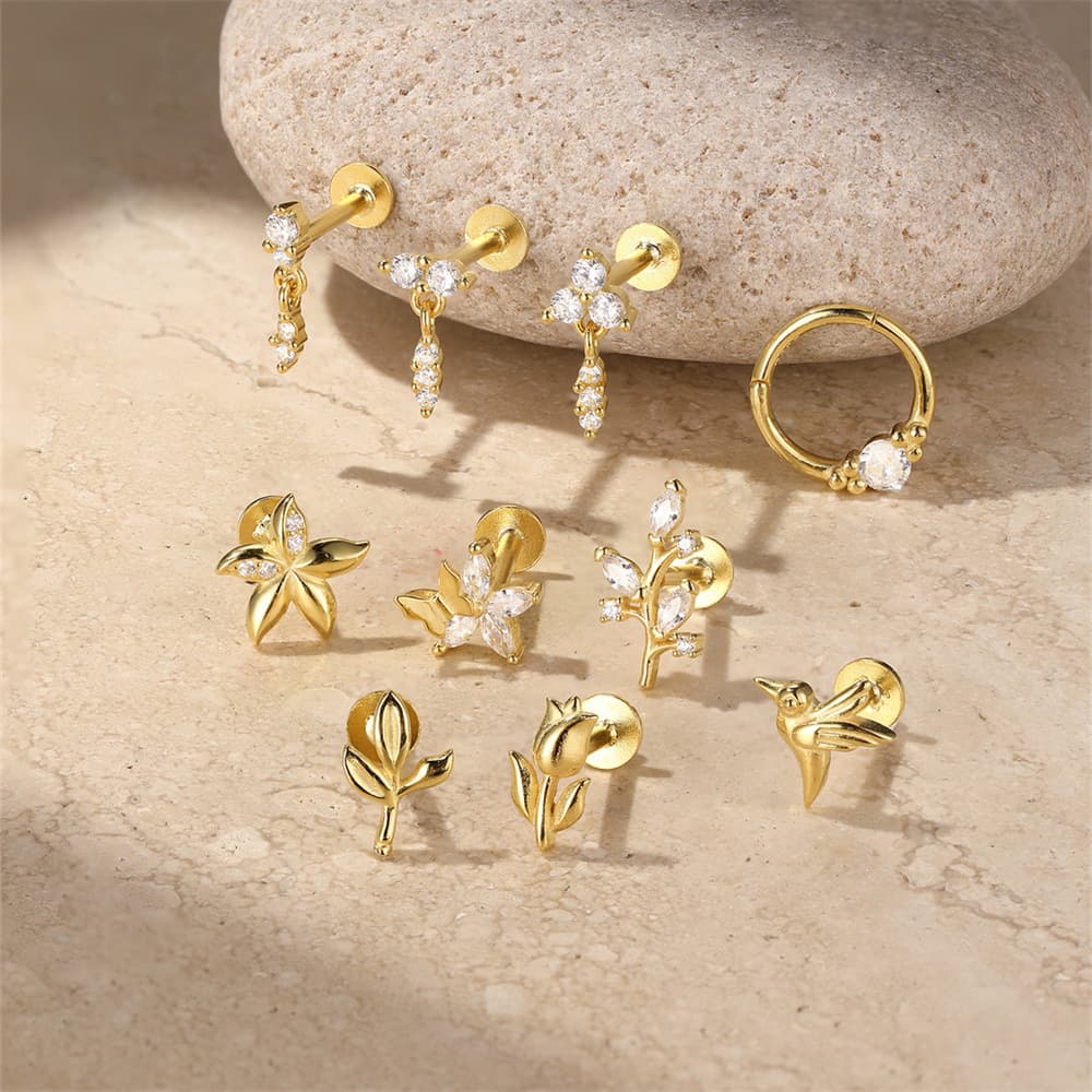 S925 Sterling Silver Flower Woodpecker Flatback Piercing Stud