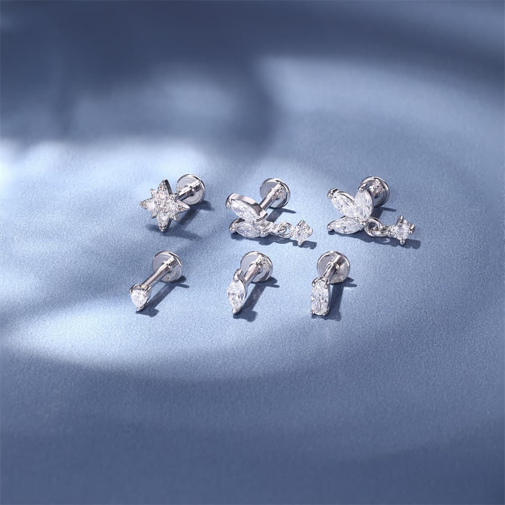 S925 Sterling Silver Heart Water Drop Piercing Studs