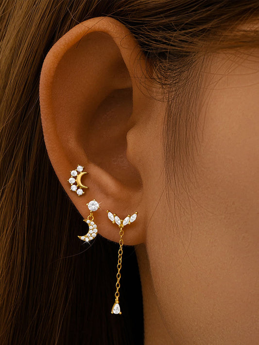S925 Sterling Silver Moon Pendant Piercing Stud Earring