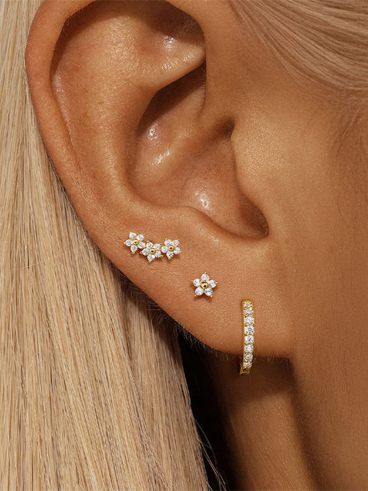S925 Sterling Silver Petal Cubic Zirconia Hoop & Stud Earrings Set