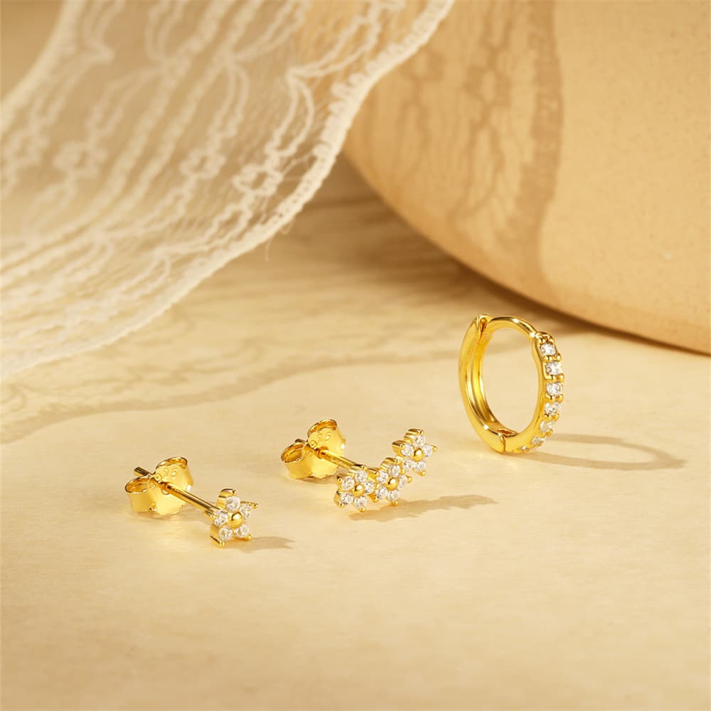 S925 Sterling Silver Petal Cubic Zirconia Hoop & Stud Earrings Set