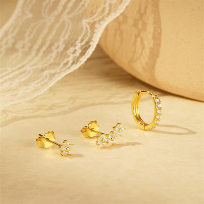 S925 Sterling Silver Petal Cubic Zirconia Hoop & Stud Earrings Set