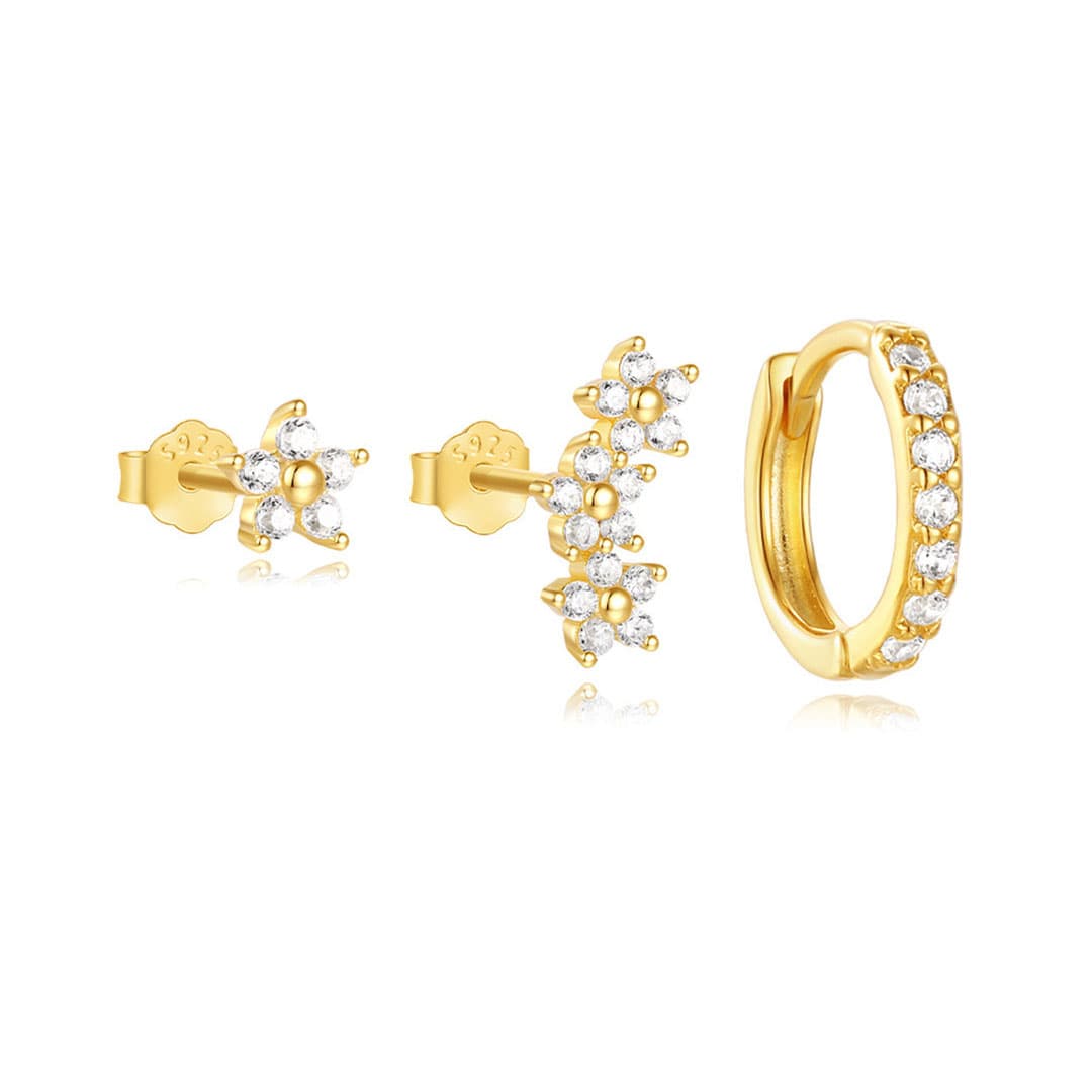 S925 Sterling Silver Petal Cubic Zirconia Hoop & Stud Earrings Set