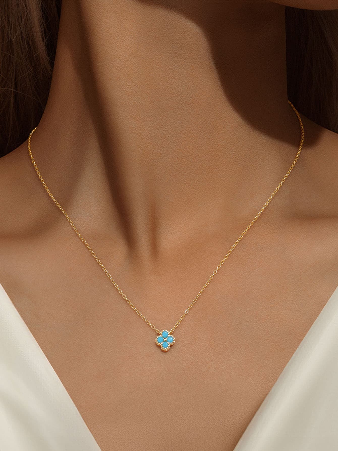 S925 Sterling Silver Petal Turquoise Cubic Zirconia Necklace