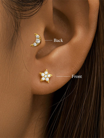 S925 Sterling Silver Star and Moon Zircons Reversible Piercing Stud
